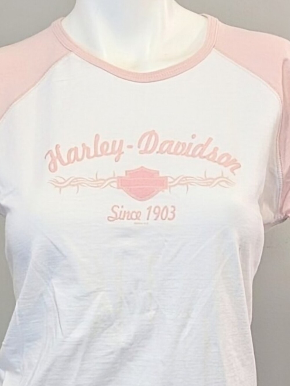 NWOT Harley-Davidson Pink & White Raglan Logo Gene Lummus Shop NC Tee